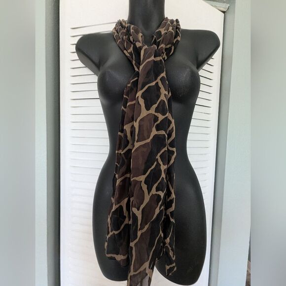 100% Silk Scarf Animal Print 60x12 Brown Black Tan Chiffon Y2K Baddie Mobwife - Picture 2 of 7
